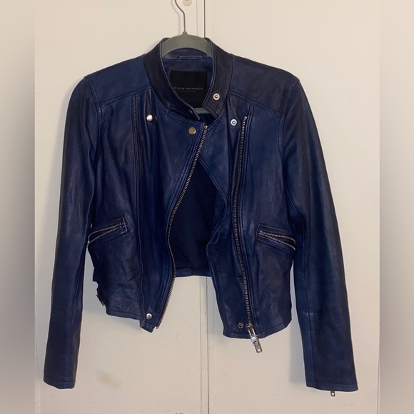 NWOT Club Monaco Collection Rowlen Zip-Front Lamb Leather Moto Jacket Blue Small - Picture 5 of 6